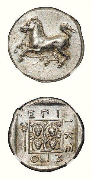 中贸圣佳2026四季・迎春拍卖会 六盈堂藏泉 钱币 证章 卡牌专场 - 古希腊色雷斯地区马罗尼亚城邦骏马奔腾与葡萄藤一标准重银币 直径21.5mm