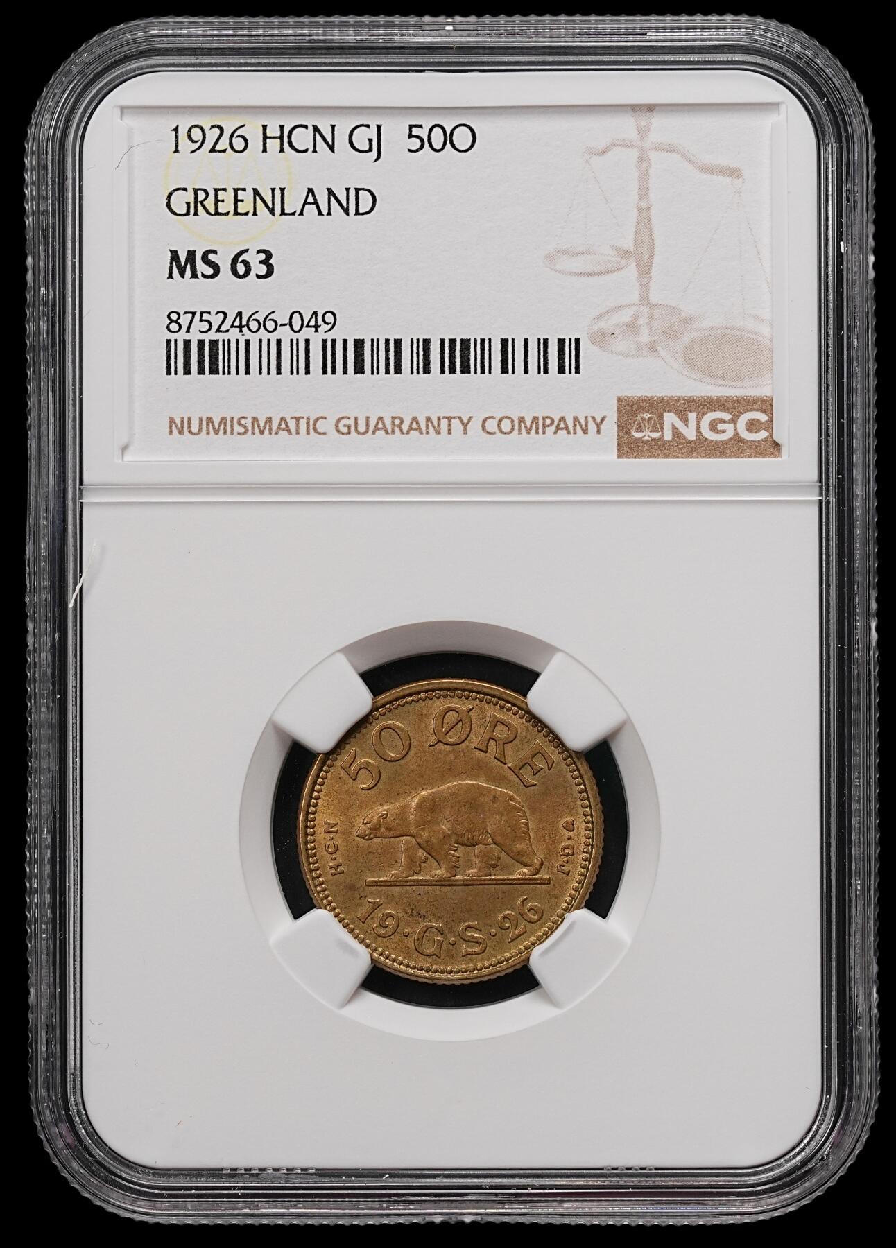 修遠堂世界钱币第111期 NGC MS63 1926年格陵兰50欧尔