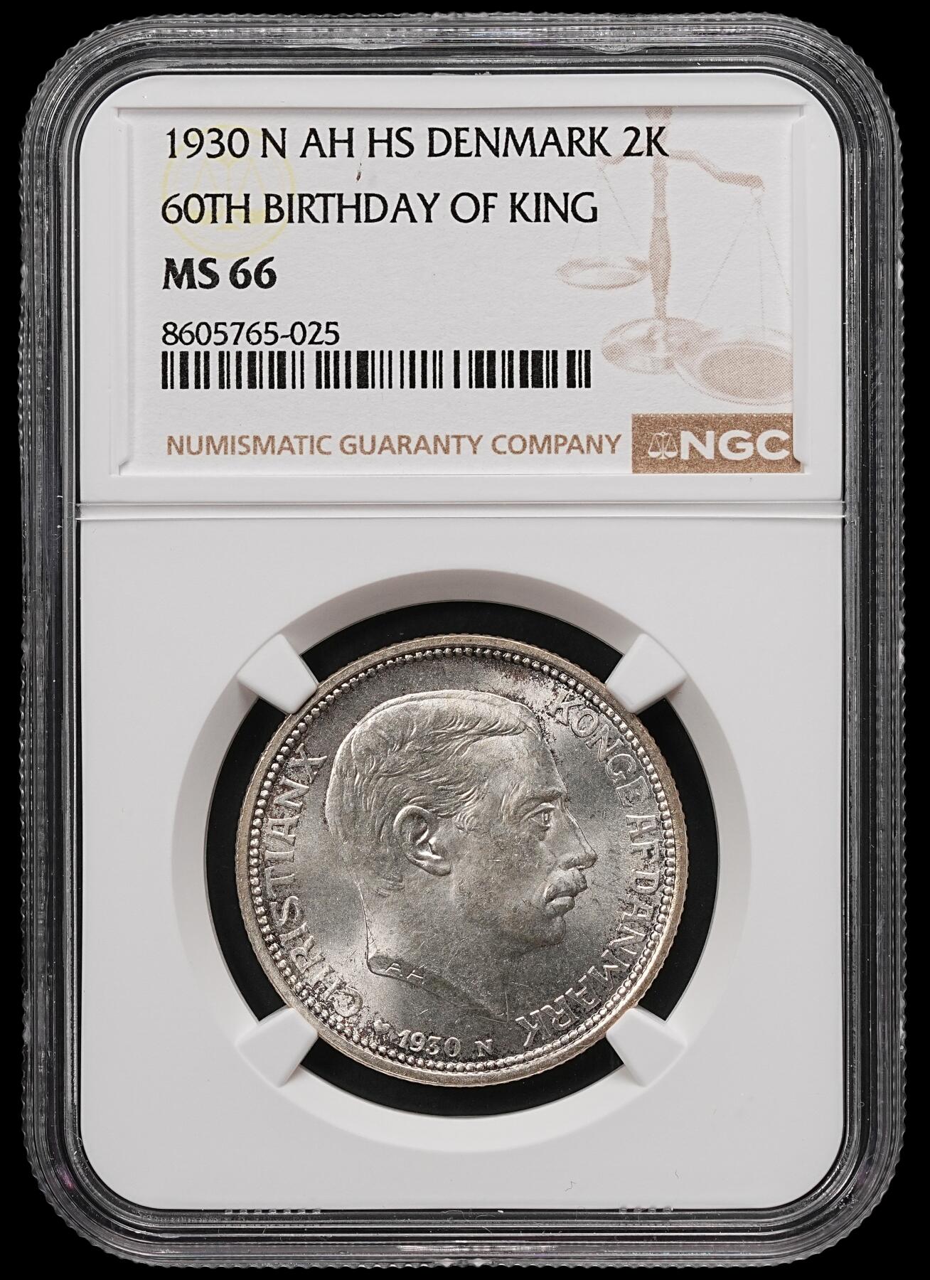 修遠堂世界钱币第111期 NGC MS66 1930年丹麦国王60大寿纪念2克朗银币