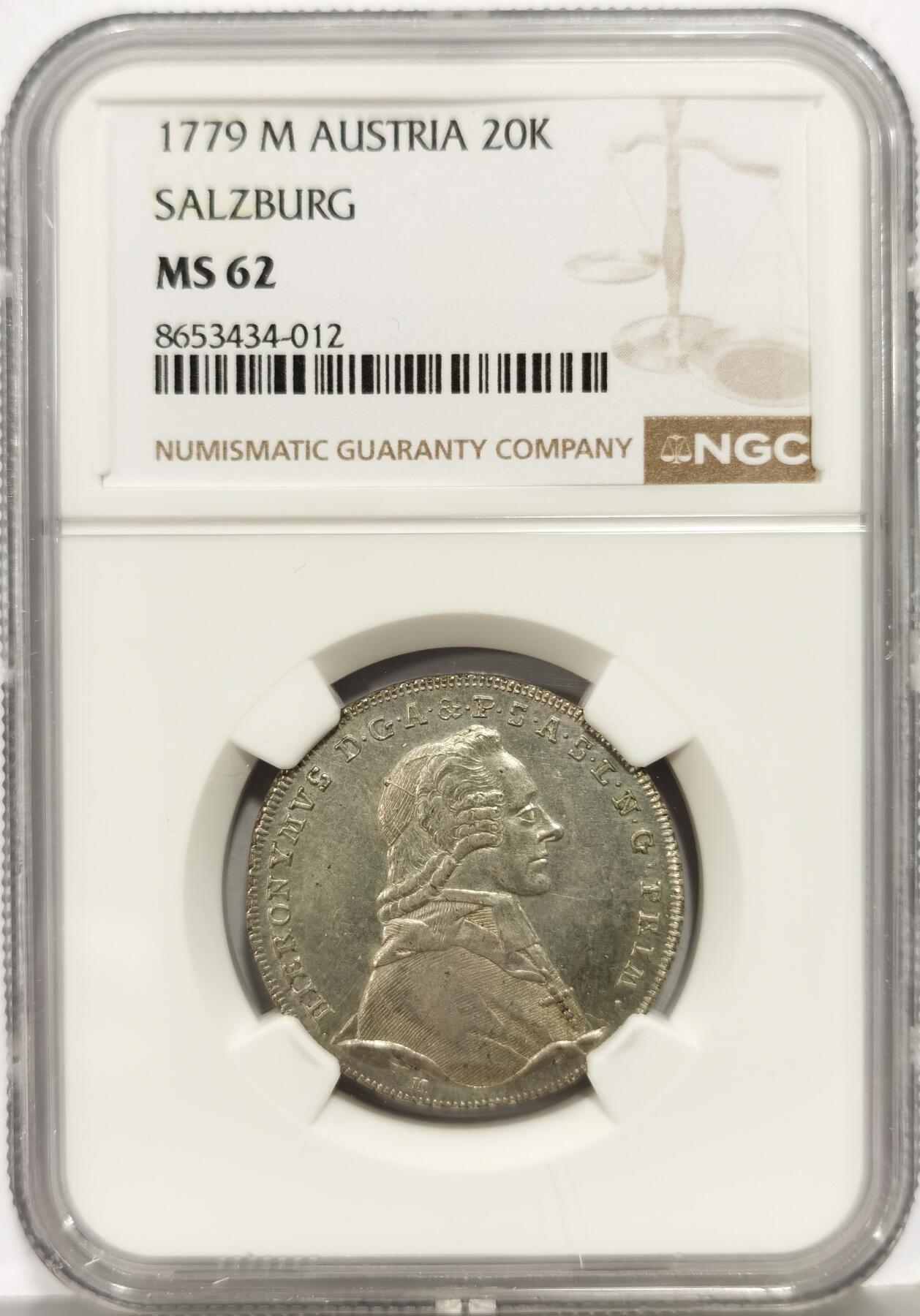 博洋堂世界钱币拍卖第168期（全场包邮） NGC MS62 奥地利萨尔茨堡1779年20克鲁泽银币，麦稀奇首见，NGC冠军分！