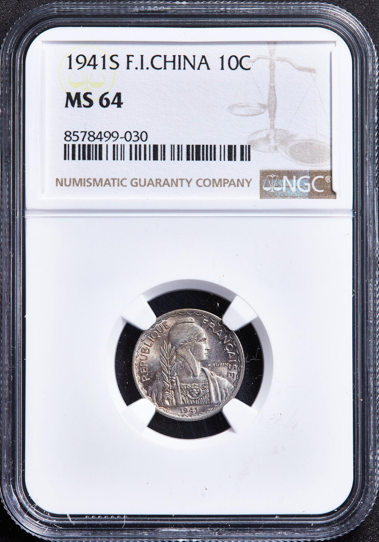 【俄甄集藏】满园春色-2026年(051)04-22星期三 晚 19:30 全场包邮 法属印度支那1941年S版10分镍币，NGC MS64，黄油彩，转光品相