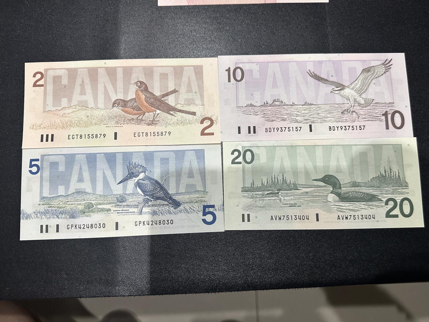 《外钞收藏家》第六百二十六期（精品场）（长期征集拍品、欢迎藏友们联系合作） 加拿大1986-1991年鸟版2/5/10/20元四张一套同一签名（绝品）	绝品