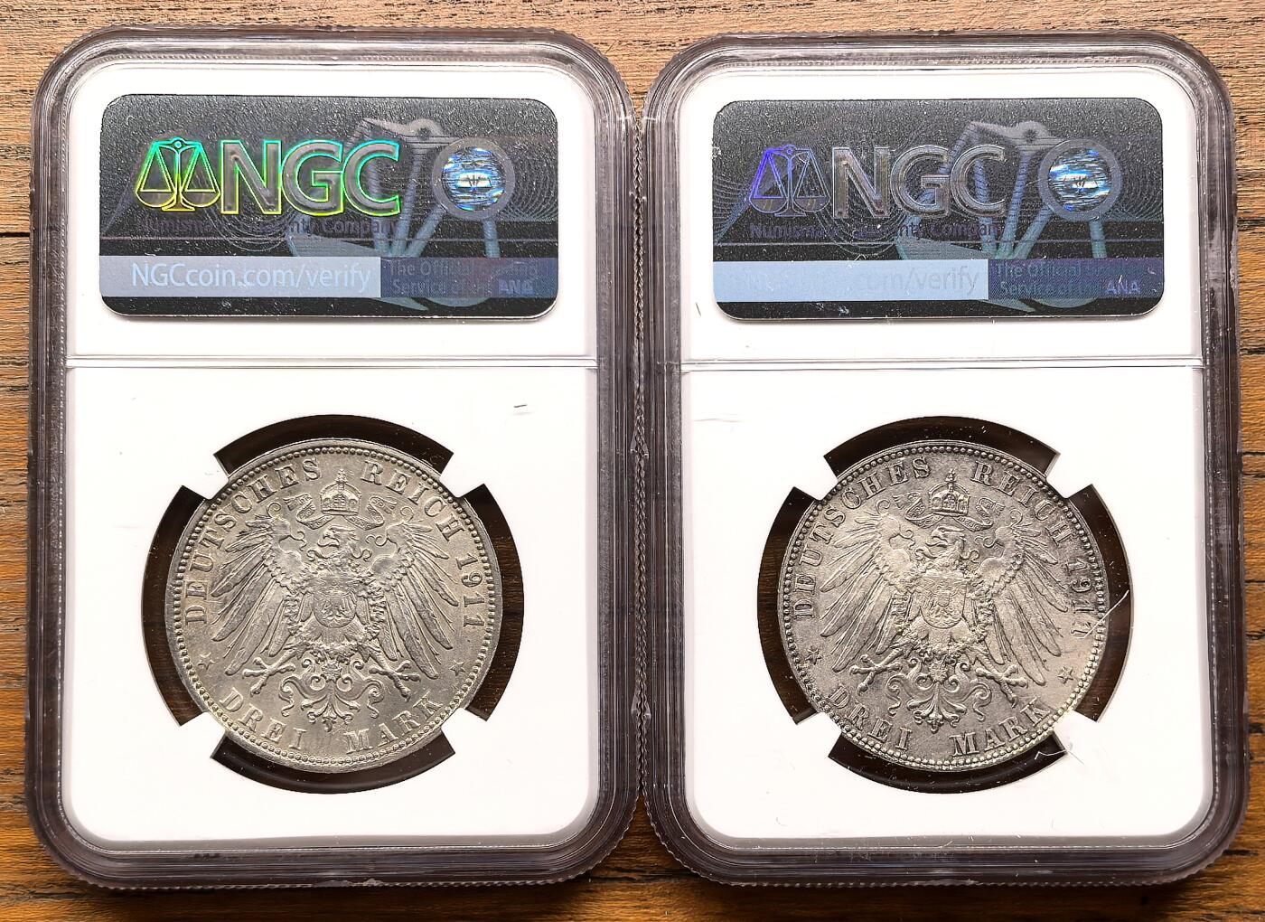 凡希社世界钱币微拍第三百二十二期 1911D德国巴伐利亚3马克纪念银币一对NGC-UNCD