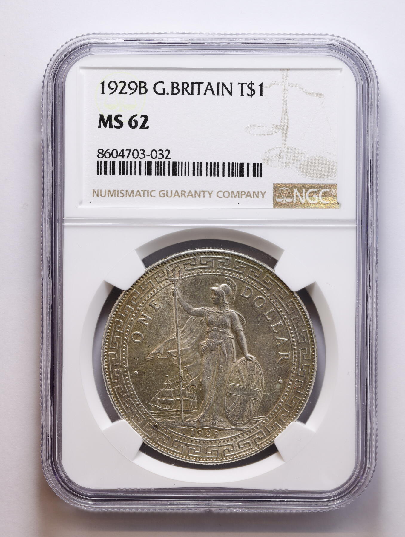 观钱 近现代机制币拍卖No.008（全场顺丰包邮，不区分偏远地区）  1929B 英国贸易银元（站洋） NGC MS62 ，1929B 是站洋的后期年份版，发行量远低于早期年份（如 1895、1900）