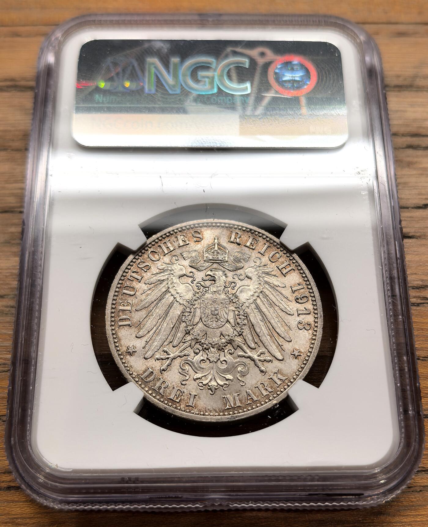 凡希社世界钱币微拍第三百二十二期 1913德国萨克森莱比锡战役纪念3马克NGC-MS62