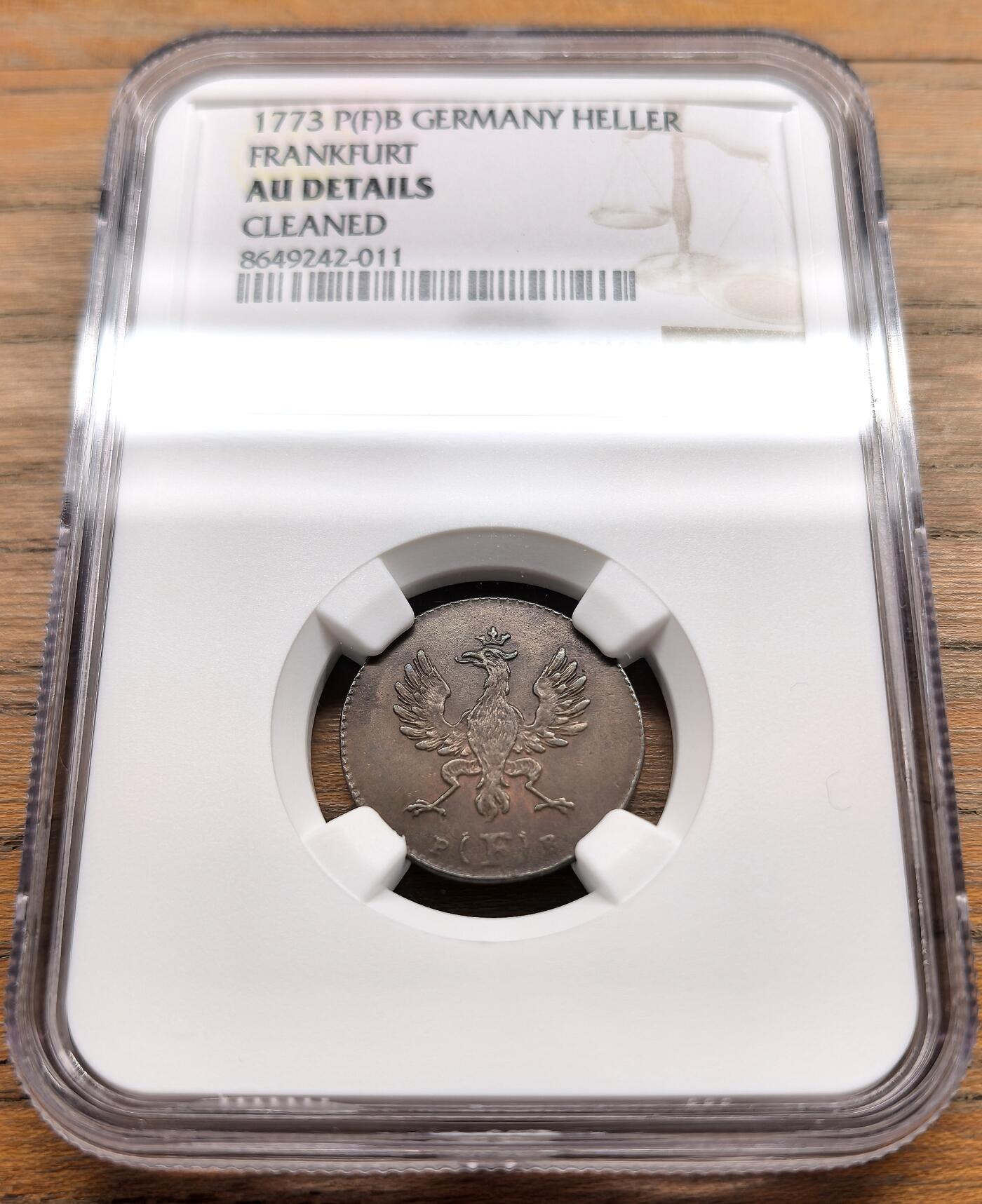 凡希社世界钱币微拍第三百二十二期 1773法兰克福自由市Heller铜币NGC-AUD