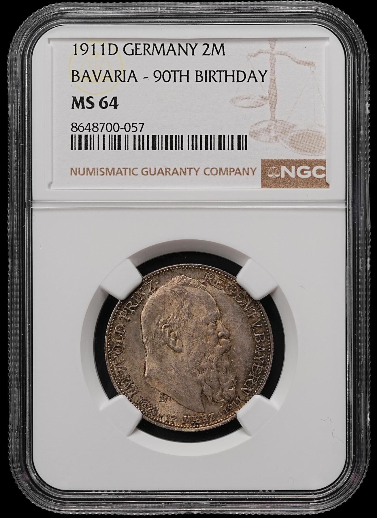 修遠堂世界钱币第111期 NGC MS64 1911年巴伐利亚摄政王90大寿纪念2马克银币