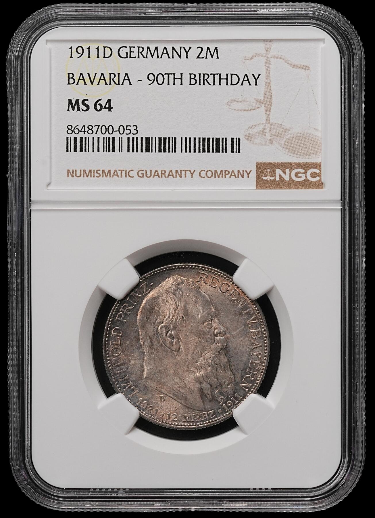 修遠堂世界钱币第111期 NGC MS64 1911年巴伐利亚摄政王90大寿纪念2马克银币