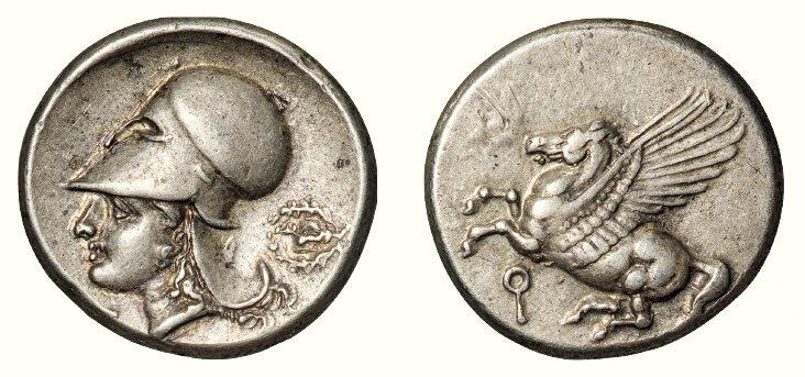 中贸圣佳2026四季・迎春拍卖会 六盈堂藏泉 钱币 证章 卡牌专场 希腊科林斯城邦飞马珀伽索斯雅典娜一斯塔特银币 长22mm