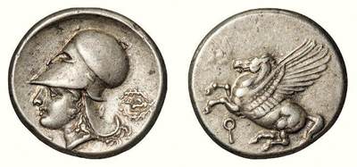 中贸圣佳2026四季・迎春拍卖会 六盈堂藏泉 钱币 证章 卡牌专场 - 希腊科林斯城邦飞马珀伽索斯雅典娜一斯塔特银币 长22mm