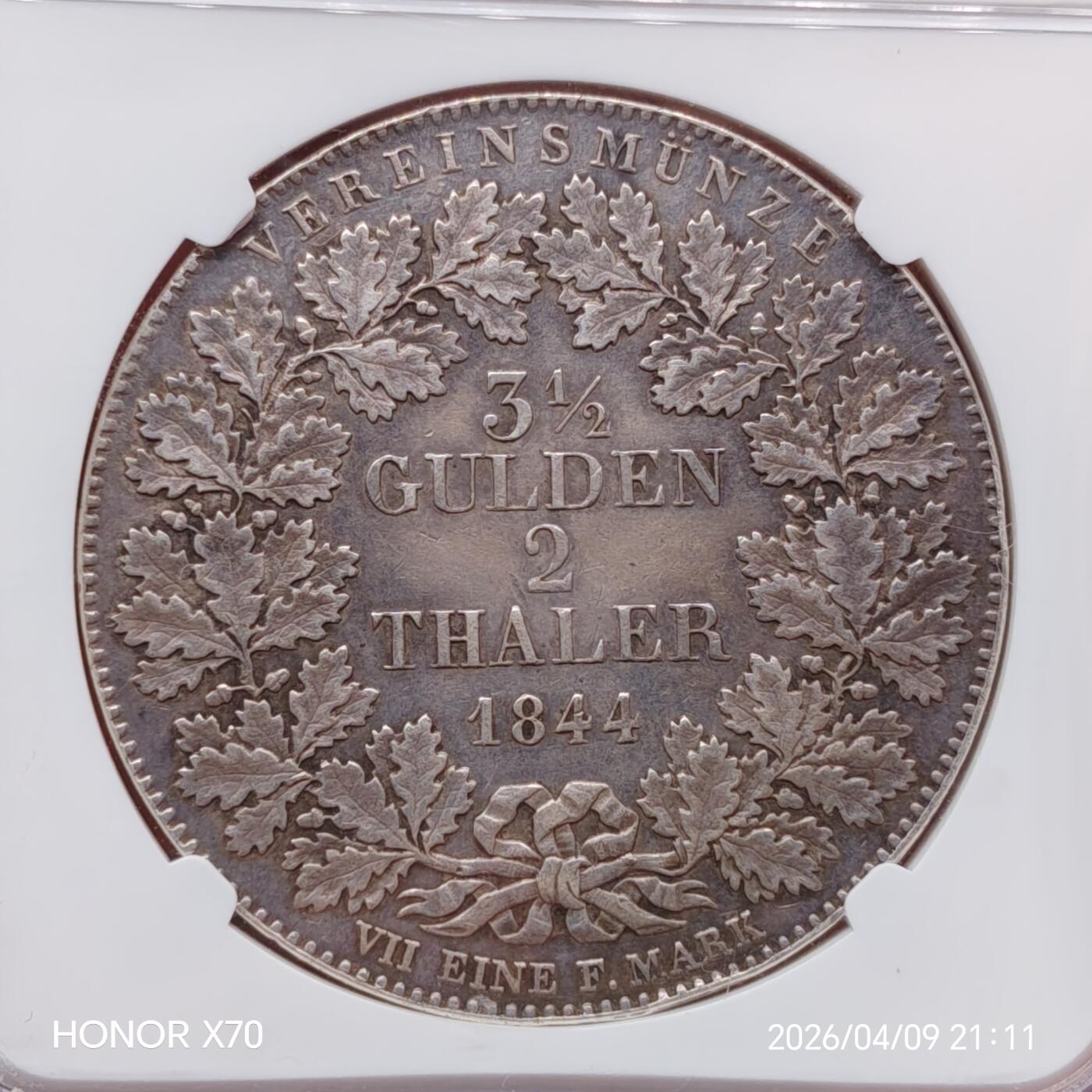 德国法兰克福1844年2泰勒3.5盾景观大银币