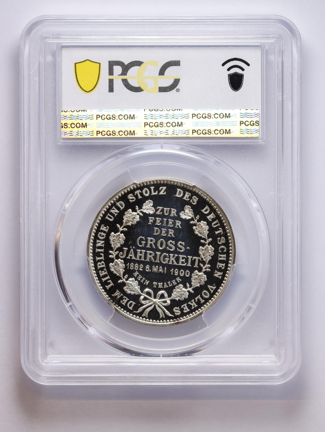 观钱 近现代机制币拍卖No.008（全场顺丰包邮，不区分偏远地区）  PCGS SP64 德国 1900年 威廉二世成年纪念银章 橡树叶环绕威廉二世的生日与成年的日期 与泰勒形制相同 德国最后一位皇帝 霍亨索伦家族首领。深镜面工艺，可遇不可求的状态。	此枚可能为纯银特制版