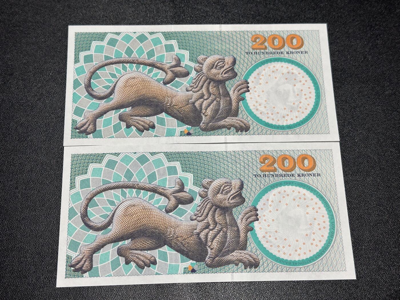 《外钞收藏家》第六百二十六期（精品场）（长期征集拍品、欢迎藏友们联系合作） 丹麦浮雕版200克朗2张不同年份不同签名（绝品可尝试送评，女歌剧家海博格）	绝品