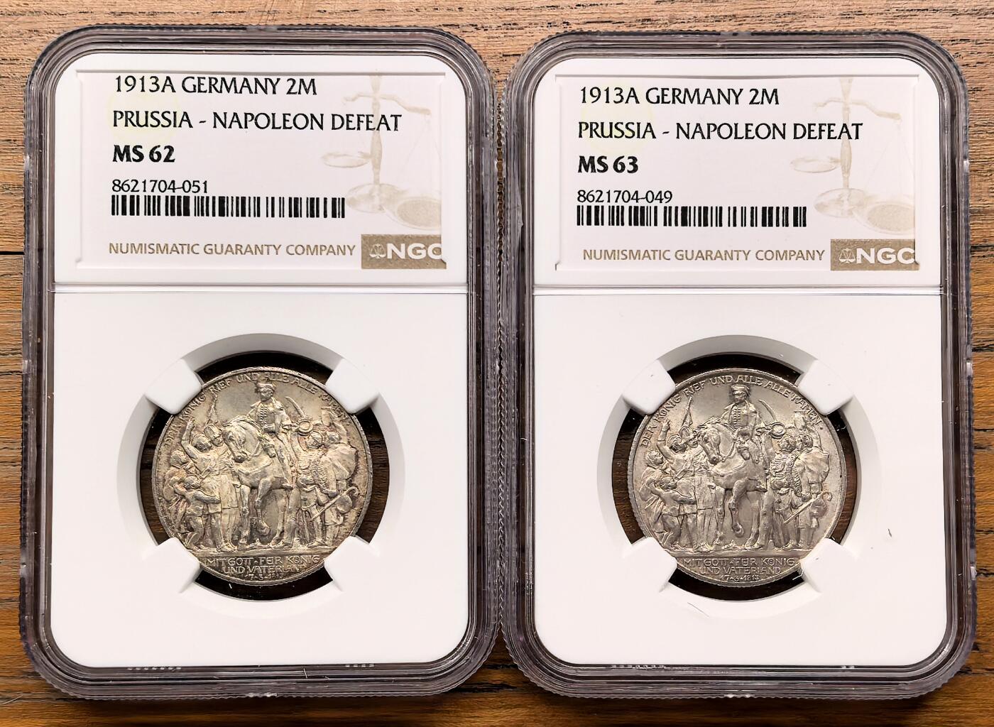 凡希社世界钱币微拍第三百二十二期 1913德国普鲁士击败拿破仑2马克一对NGC-MS62/63