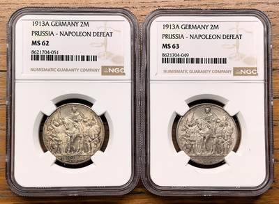凡希社世界钱币微拍第三百二十二期 - 1913德国普鲁士击败拿破仑2马克一对NGC-MS62/63