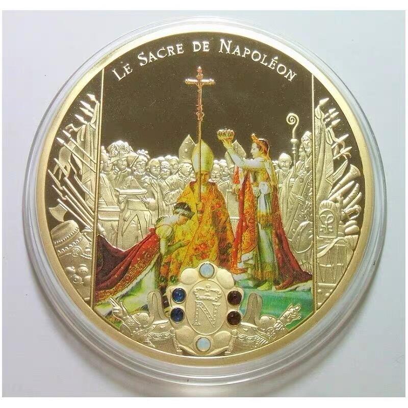 【艺术】法国艺术大章 拿破仑加冕大典+帝王鹰 高浮雕精制彩色超大镀金章 70MM 121克