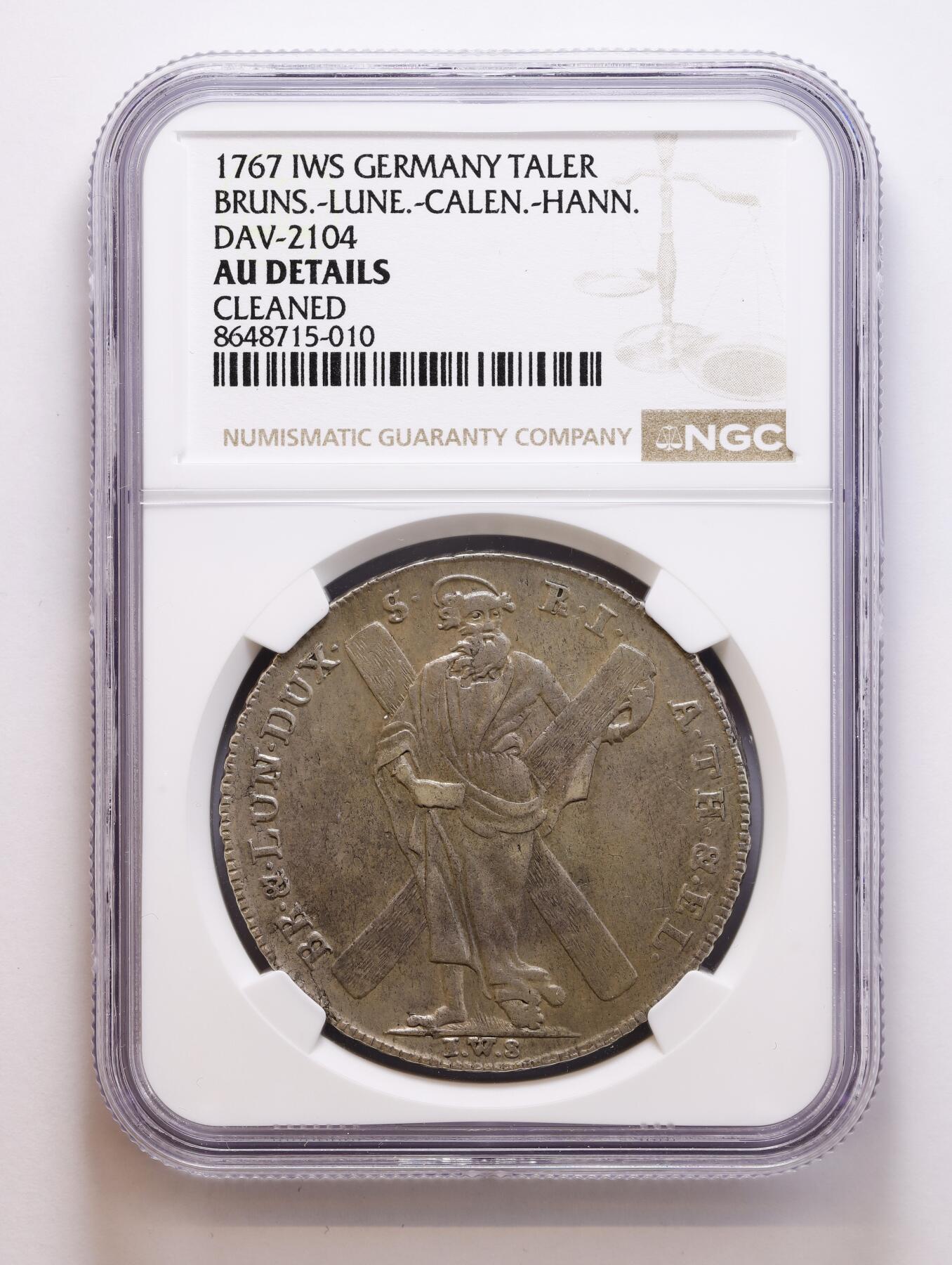观钱 近现代机制币拍卖No.008（全场顺丰包邮，不区分偏远地区）  1767 年 神圣罗马帝国 不伦瑞克 - 吕讷堡 - 卡伦堡 - 汉诺威 圣安德烈十字像（St. Andrew）泰勒大银币（NGC AU Details） “被清洗但品相底子好” 的潜力币