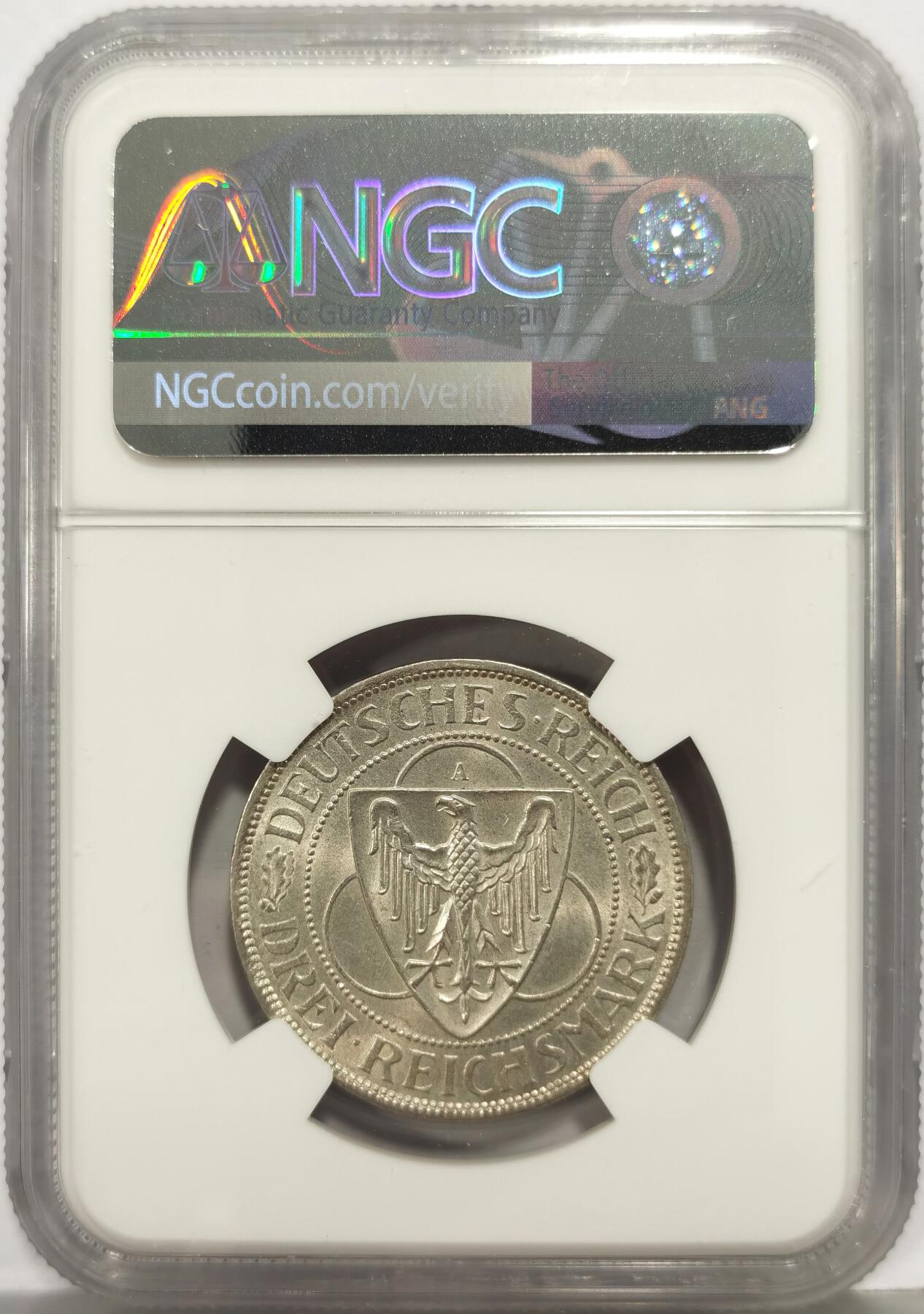 博洋堂世界钱币拍卖第168期（全场包邮） NGC UNC 德国魏玛共和国1930年A版莱茵解放3马克银币