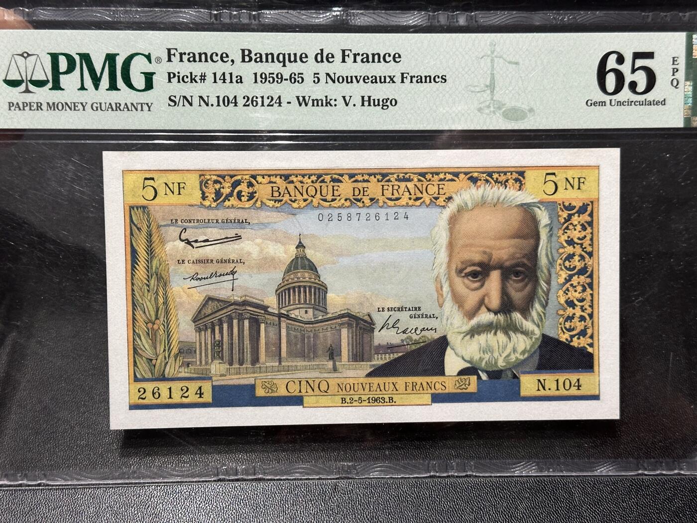 《外钞收藏家》第六百二十六期（精品场）（长期征集拍品、欢迎藏友们联系合作） 法国1959-65年5法郎PMG65（大文豪维克托雨果纪念，稀少品种）