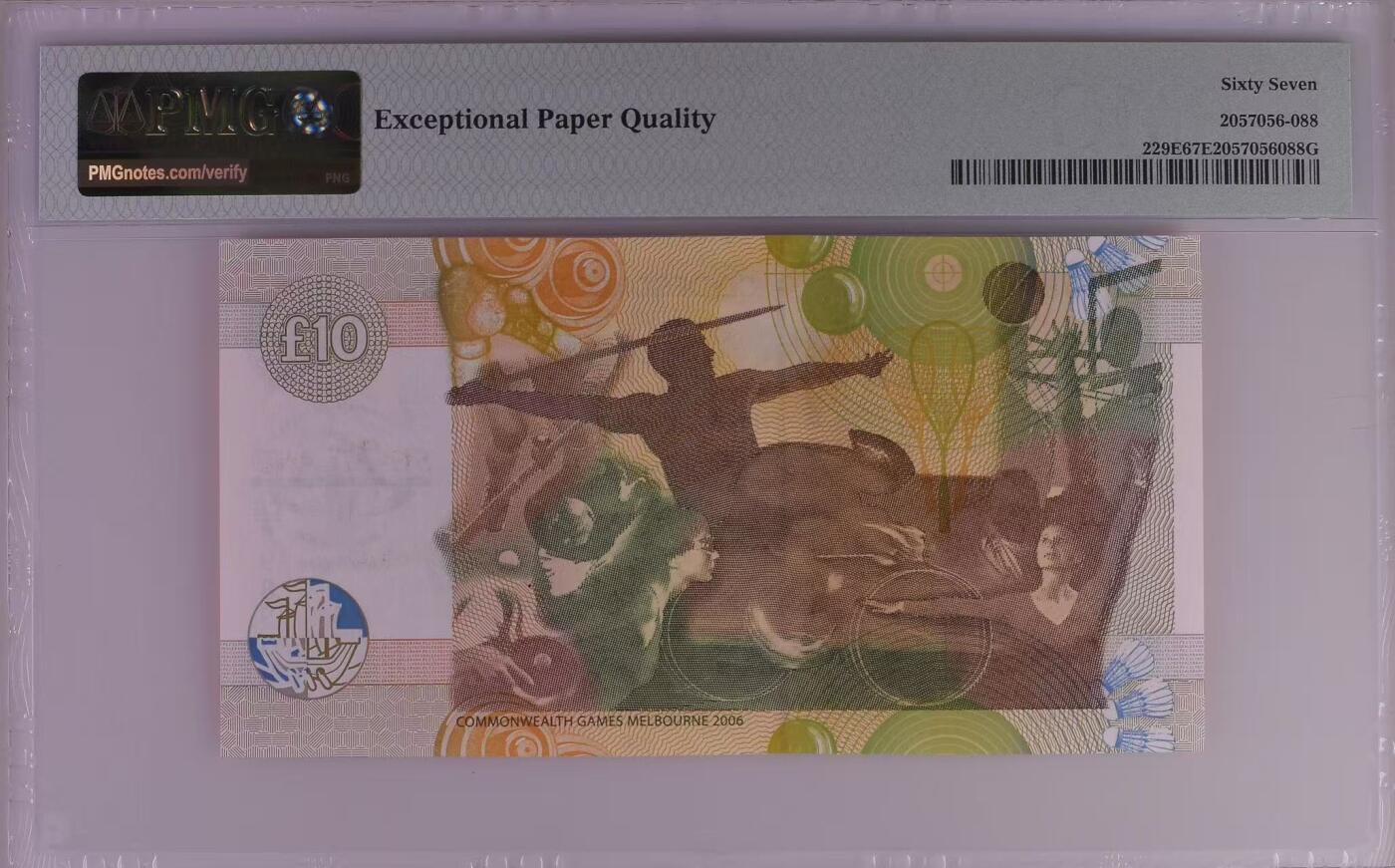 【礼羽收藏】🌏世界钱币拍卖第132期 2006年苏格兰克莱斯戴尔银行10镑纪念钞，第十八届英联邦运动会在墨尔本召开，PMG67分亚军分，仅5张更高分，号码无4