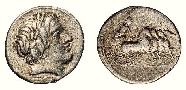 中贸圣佳2026四季・迎春拍卖会 六盈堂藏泉 钱币 证章 卡牌专场 古罗马共和国太阳神阿波罗与朱庇特驾四马战车一狄纳里银币 长19.2mm