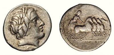 中贸圣佳2026四季・迎春拍卖会 六盈堂藏泉 钱币 证章 卡牌专场 - 古罗马共和国太阳神阿波罗与朱庇特驾四马战车一狄纳里银币 长19.2mm