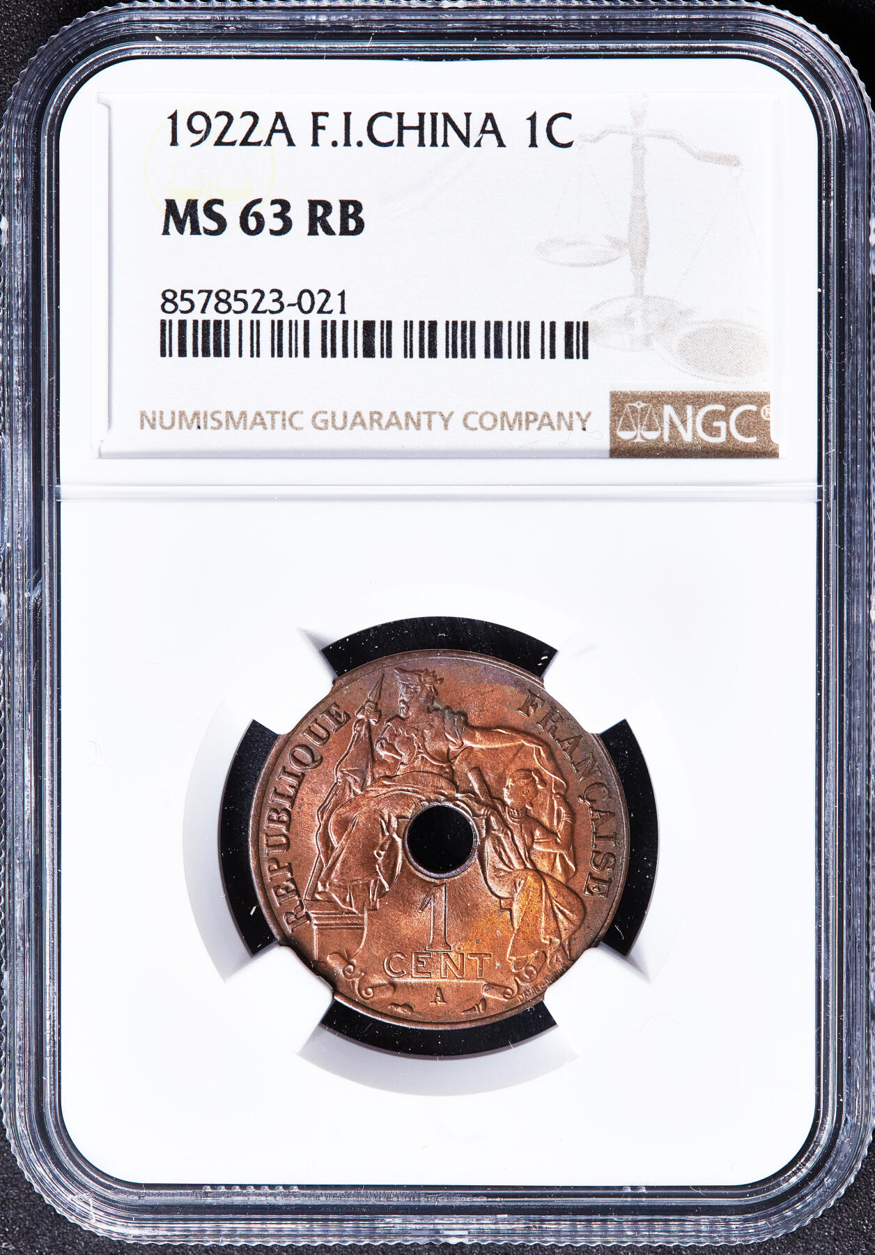【俄甄集藏】满园春色-2026年(051)04-22星期三 晚 19:30 全场包邮 法属印度支那1922年A版中孔百分之一（1分）铜币，NGC MS63RB，铸纹清晰，巧克力包浆，比1923少很多