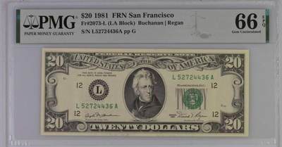 【礼羽收藏】🌏世界钱币拍卖第132期 - 美国1981年20美元PMG66，同分仅18枚，更高分仅7枚