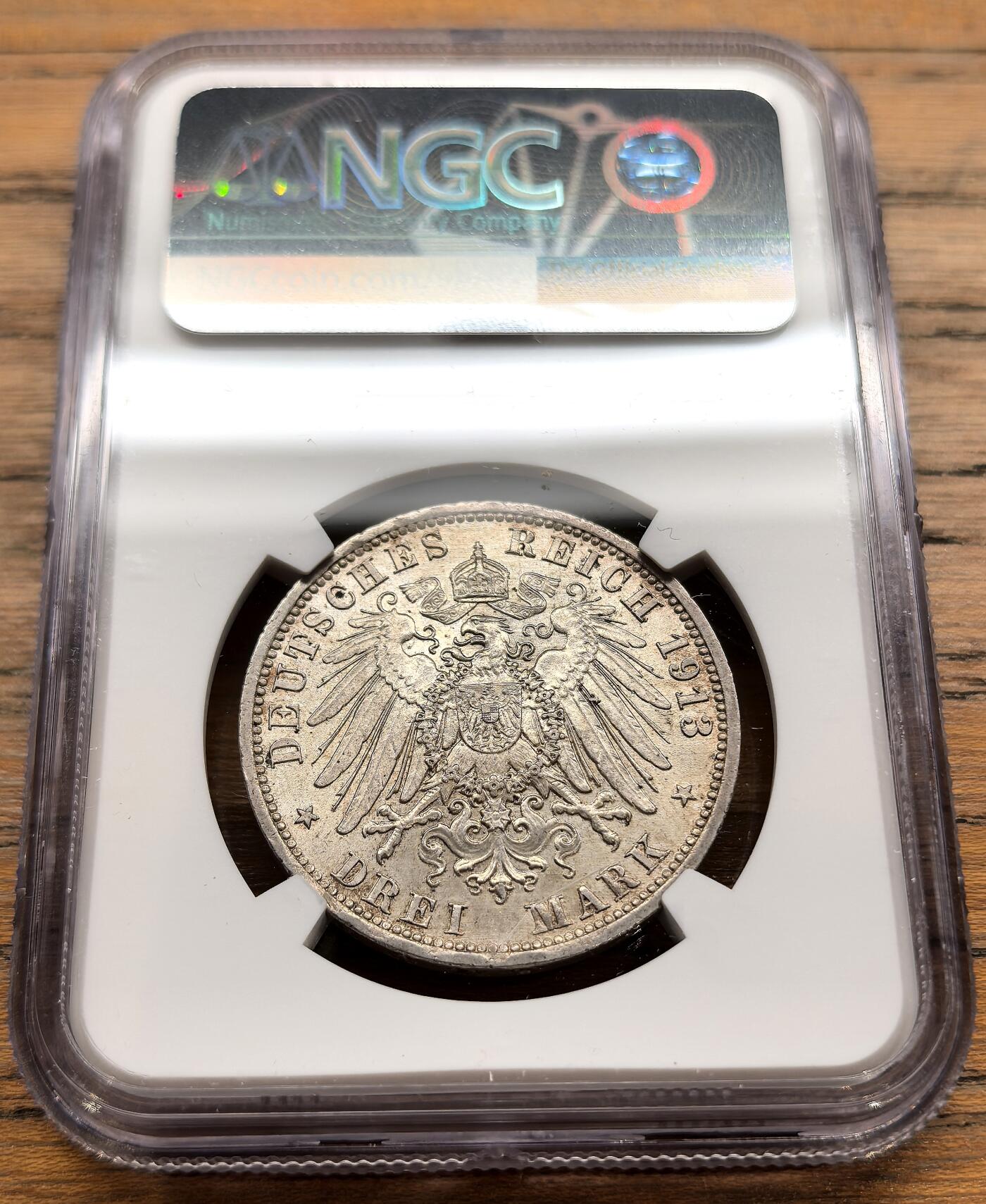 凡希社世界钱币微拍第三百二十二期 1913A德国普鲁士3马克纪念银币NGC-MS63