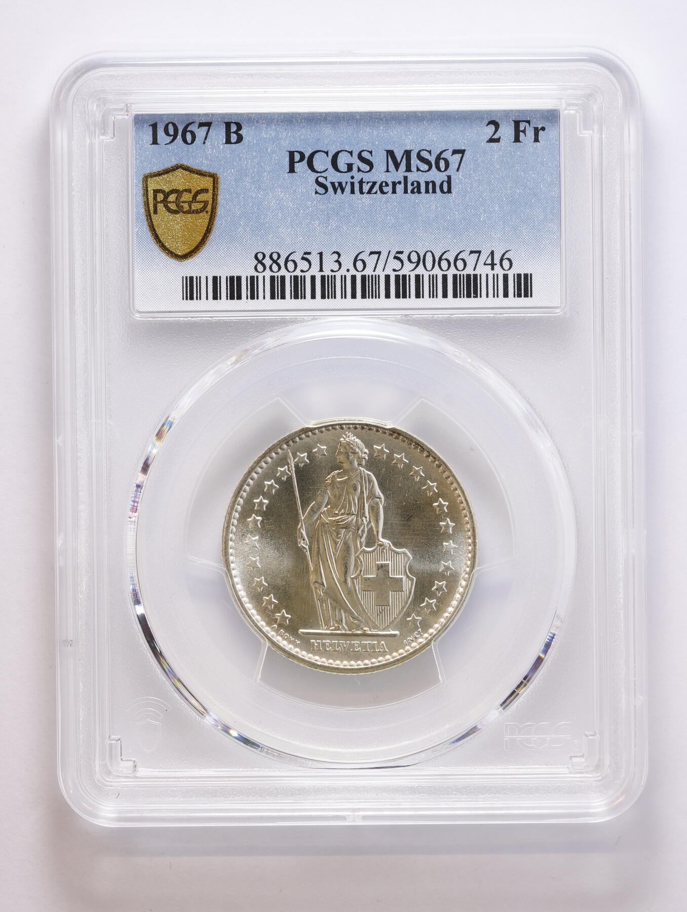 观钱 近现代机制币拍卖No.008（全场顺丰包邮，不区分偏远地区）  1967 年 瑞士联邦 2 法郎赫尔维蒂亚（Helvetia）女神银币 PCGS MS67   热门 “小币高分”品种 