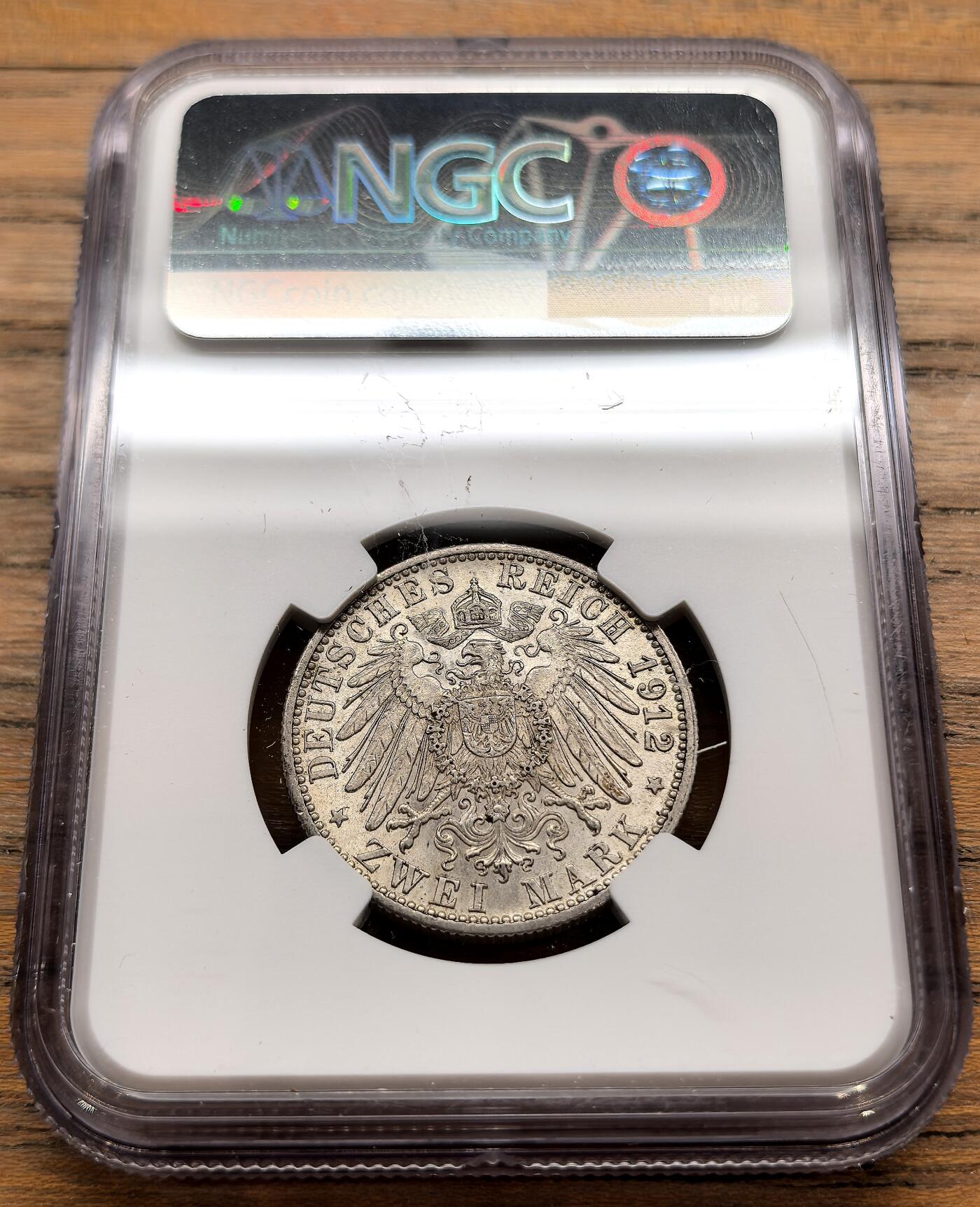 凡希社世界钱币微拍第三百二十二期 1912F德国符腾堡2马克NGC-MS62