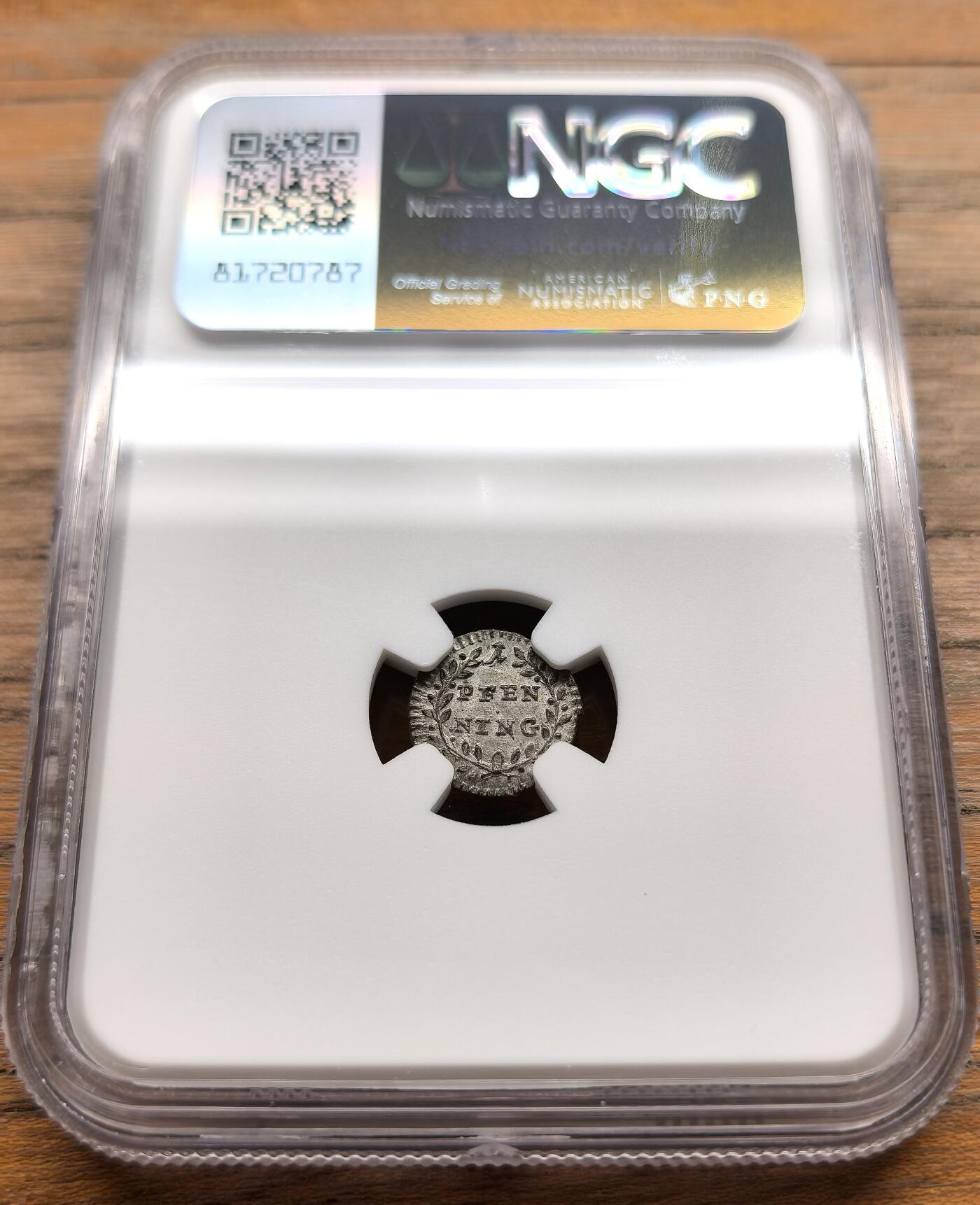 凡希社世界钱币微拍第三百二十二期 1785雷根斯堡自由市1芬尼银币NGC-MS65，银光高分收藏级！