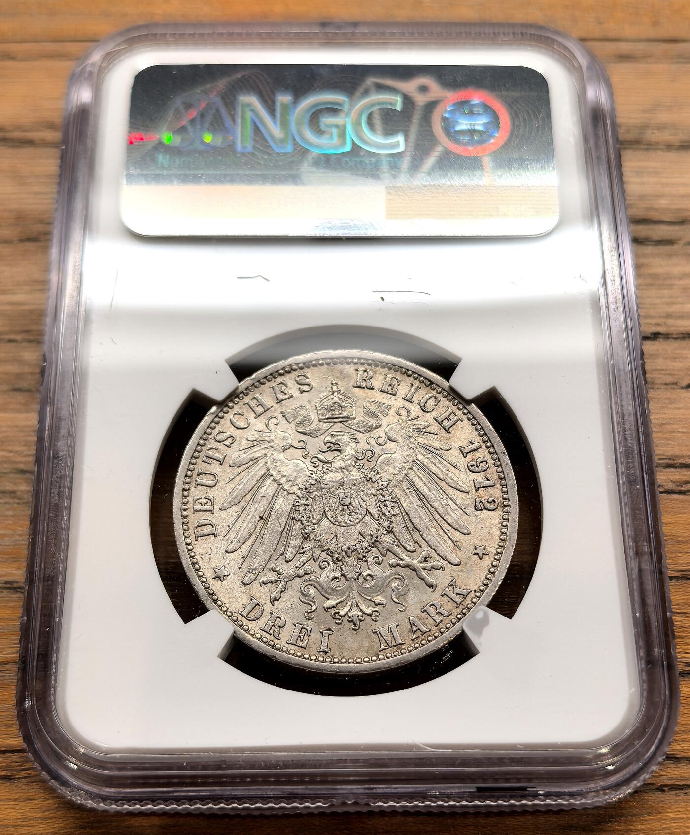 凡希社世界钱币微拍第三百二十二期 1915G德国巴登3马克银币NGC-MS62