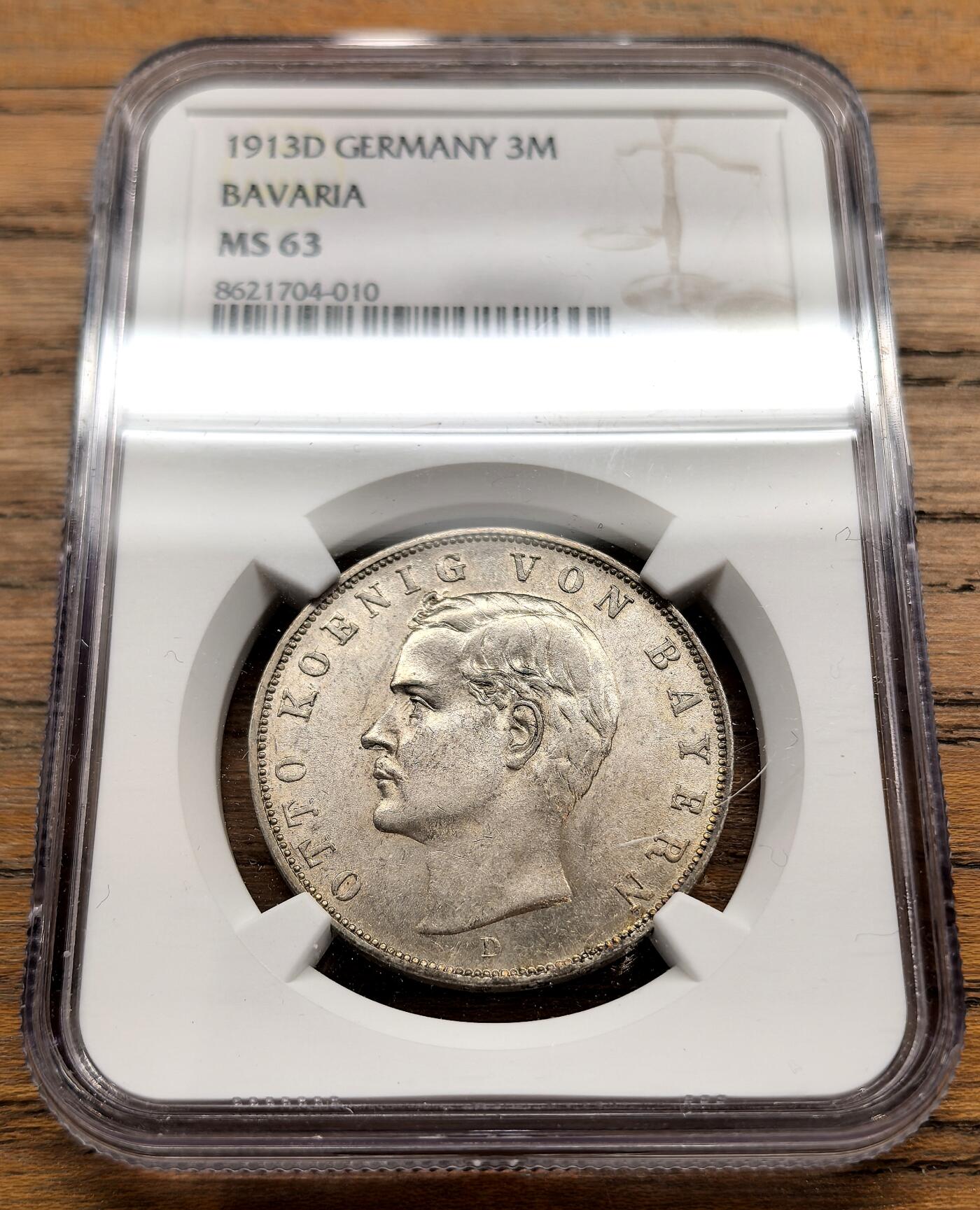 凡希社世界钱币微拍第三百二十二期 1913D德国巴伐利亚3马克银币NGC-MS63