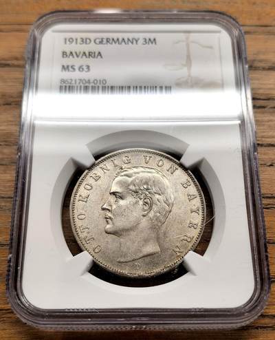 凡希社世界钱币微拍第三百二十二期 - 1913D德国巴伐利亚3马克银币NGC-MS63
