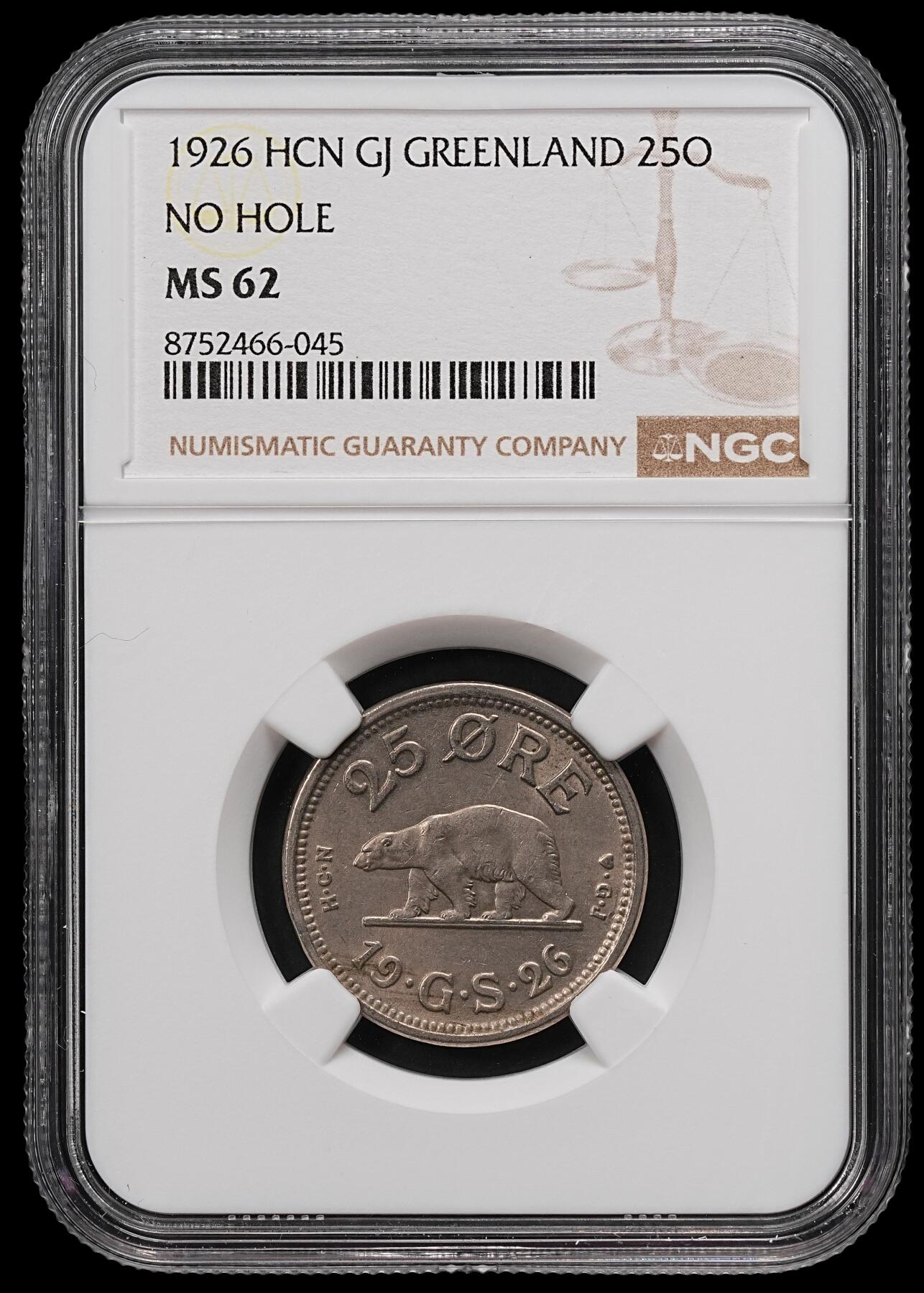 修遠堂世界钱币第111期 NGC MS62 1926年格陵兰25欧尔
