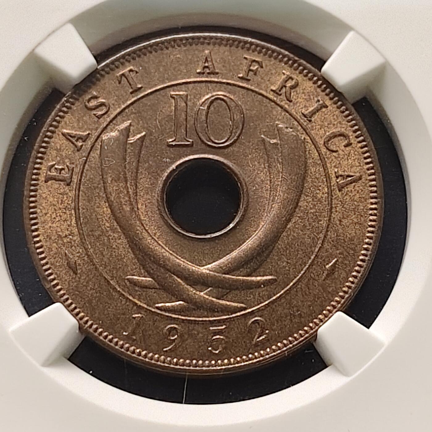 【全场包邮】纯粹捡漏拍521场 【收藏级】英属东非1952年乔治六世10分铜币-NGC MS64 RB（最高分66）