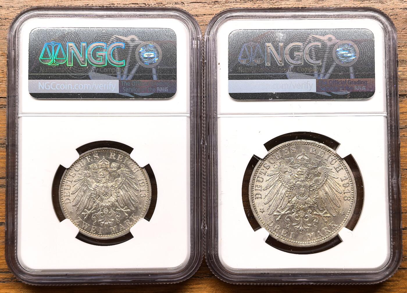 凡希社世界钱币微拍第三百二十二期 1913A德国普鲁士加冕纪念2/3马克两枚NGC