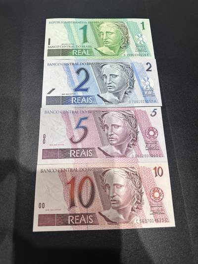 《外钞收藏家》第六百二十六期（精品场）（长期征集拍品、欢迎藏友们联系合作） - 巴西上一版本1/2/5/10雷亚尔4张一套（大部分全程无4）	绝品