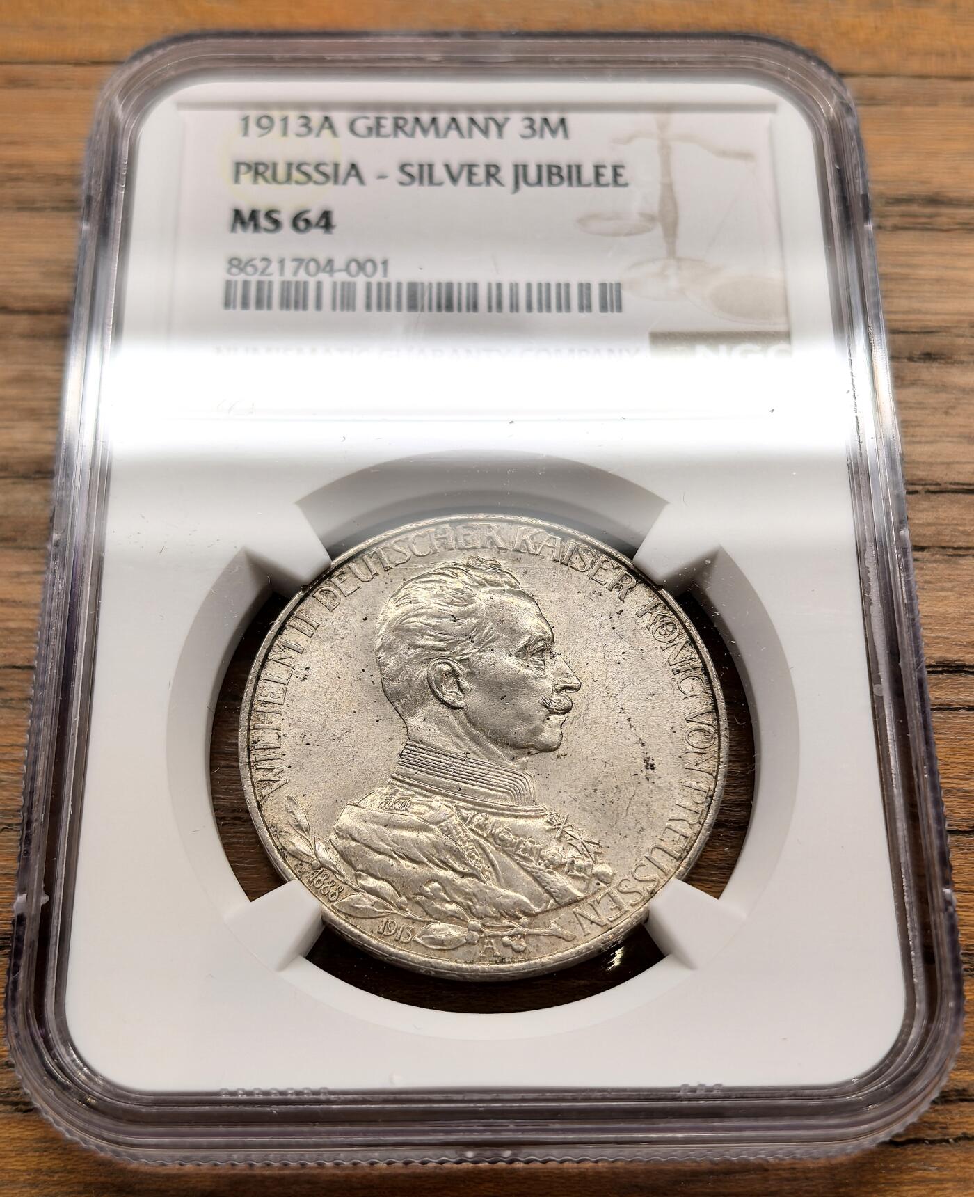 凡希社世界钱币微拍第三百二十二期 1913A德国普鲁士加冕纪念3马克NGC-MS64