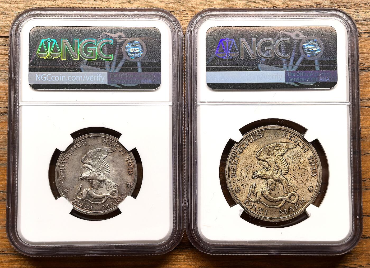 凡希社世界钱币微拍第三百二十二期 1913A德国普鲁士击败拿破仑2/3马克一对NGC-MS62