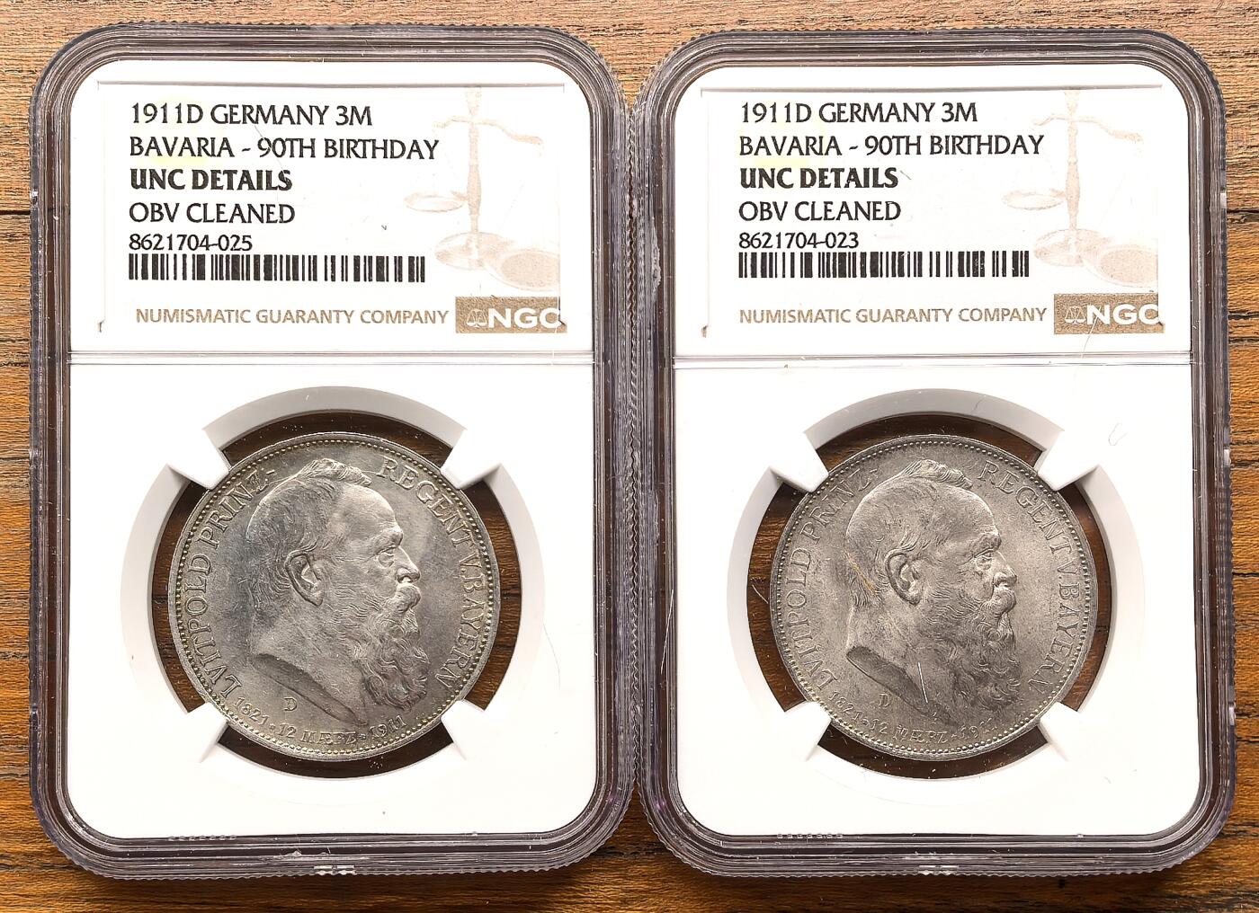 凡希社世界钱币微拍第三百二十二期 1911D德国巴伐利亚3马克纪念银币一对NGC-UNCD