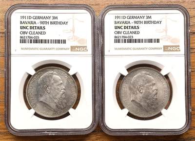 凡希社世界钱币微拍第三百二十二期 - 1911D德国巴伐利亚3马克纪念银币一对NGC-UNCD