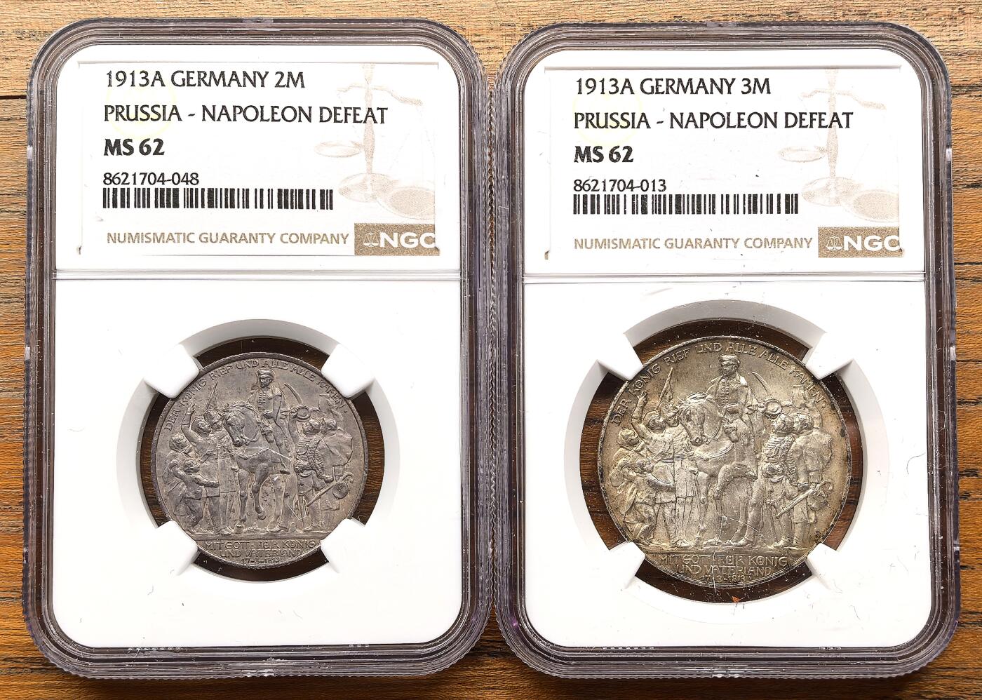 凡希社世界钱币微拍第三百二十二期 1913A德国普鲁士击败拿破仑2/3马克一对NGC-MS62