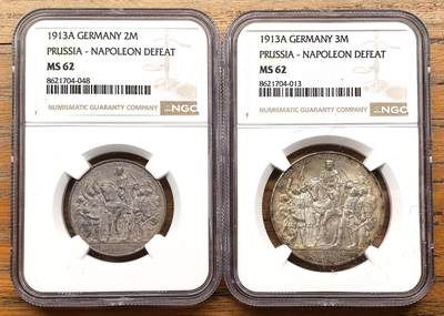 凡希社世界钱币微拍第三百二十二期 - 1913A德国普鲁士击败拿破仑2/3马克一对NGC-MS62