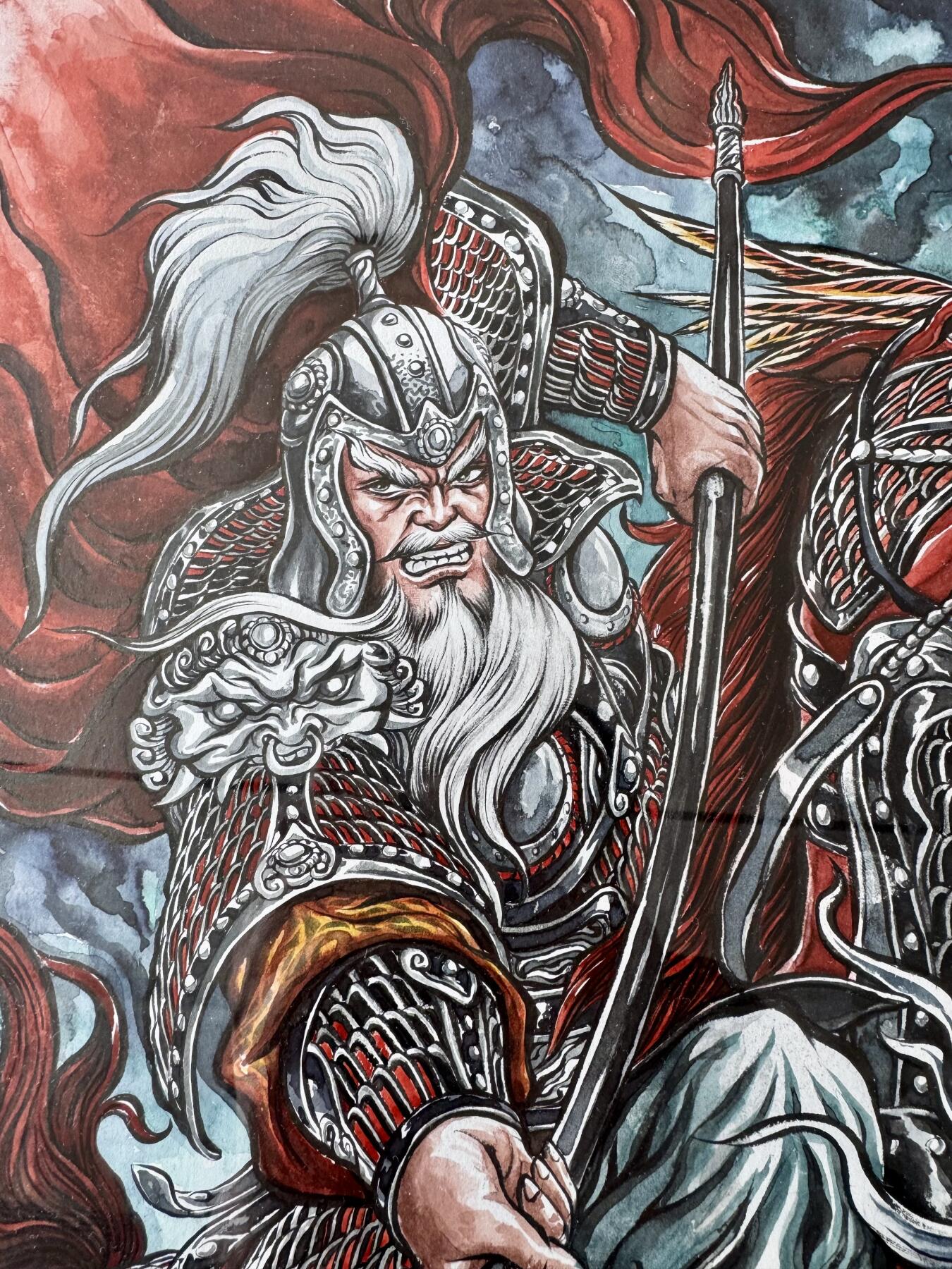 大麦马年第二场 张建东手绘画 黄忠 已装裱 尺寸：内26.5cm*38. 8外30.5cm*44.5cm 