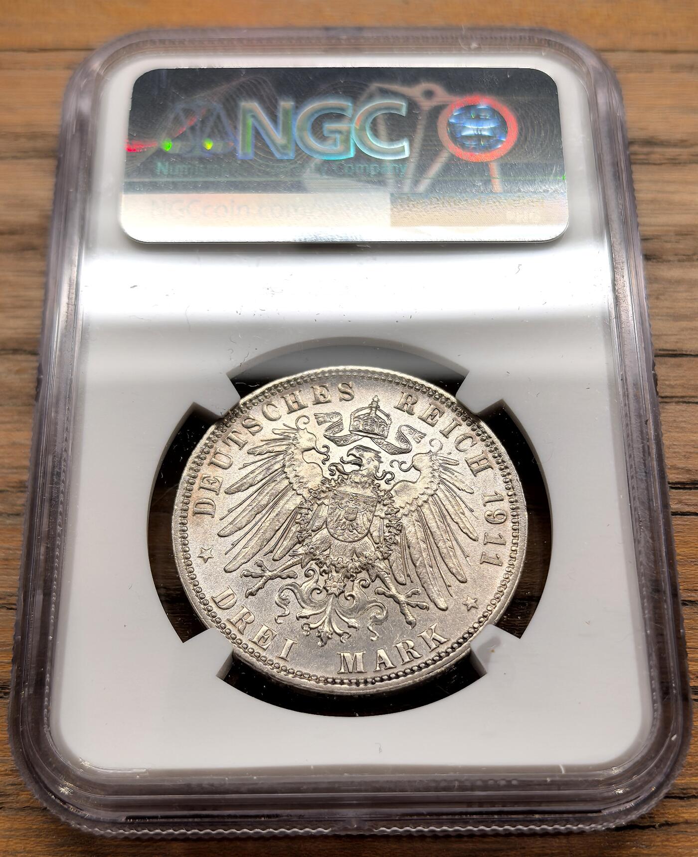 凡希社世界钱币微拍第三百二十二期 1911D德国巴伐利亚3马克纪念银币NGC-MS62