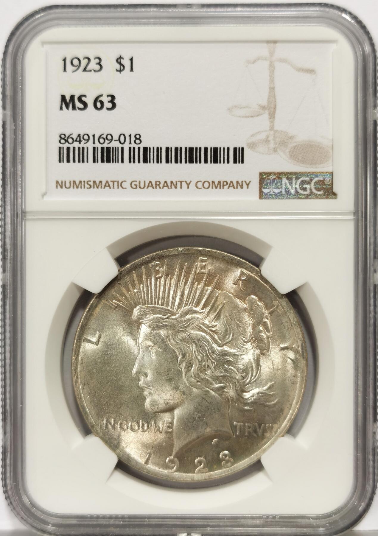 博洋堂世界钱币拍卖第168期（全场包邮） NGC MS63 美国1923年和平银币，卷拆原光好品，银光闪烁，状态极佳。