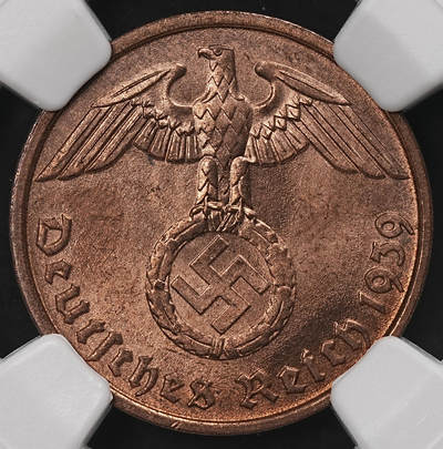 修遠堂世界钱币第111期 - NGC MS66RB 1939年德国2芬尼铜币 D厂铭  高分收藏级