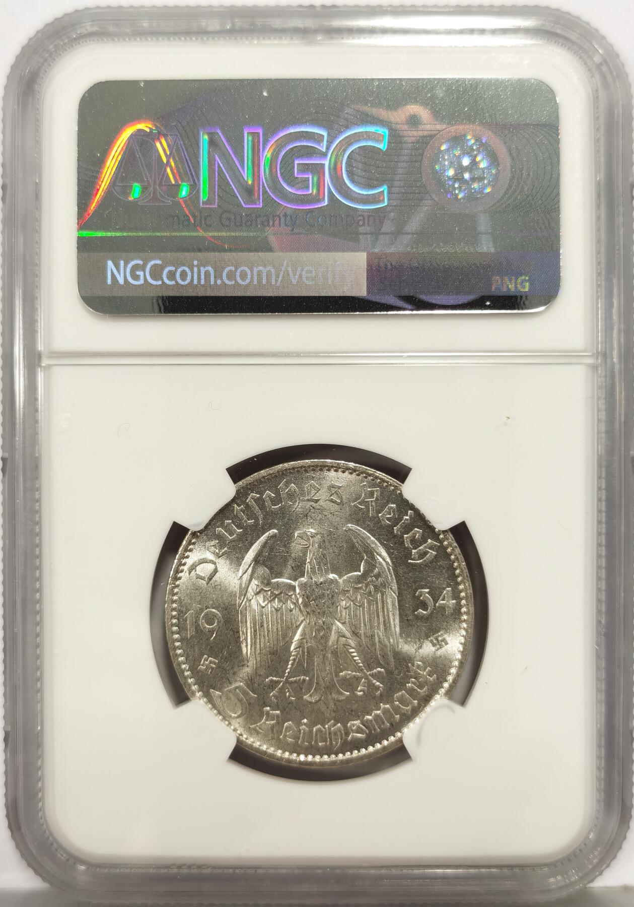 博洋堂世界钱币拍卖第168期（全场包邮） NGC MS61 德国第三帝国1934年A版无字教堂5马克银币
